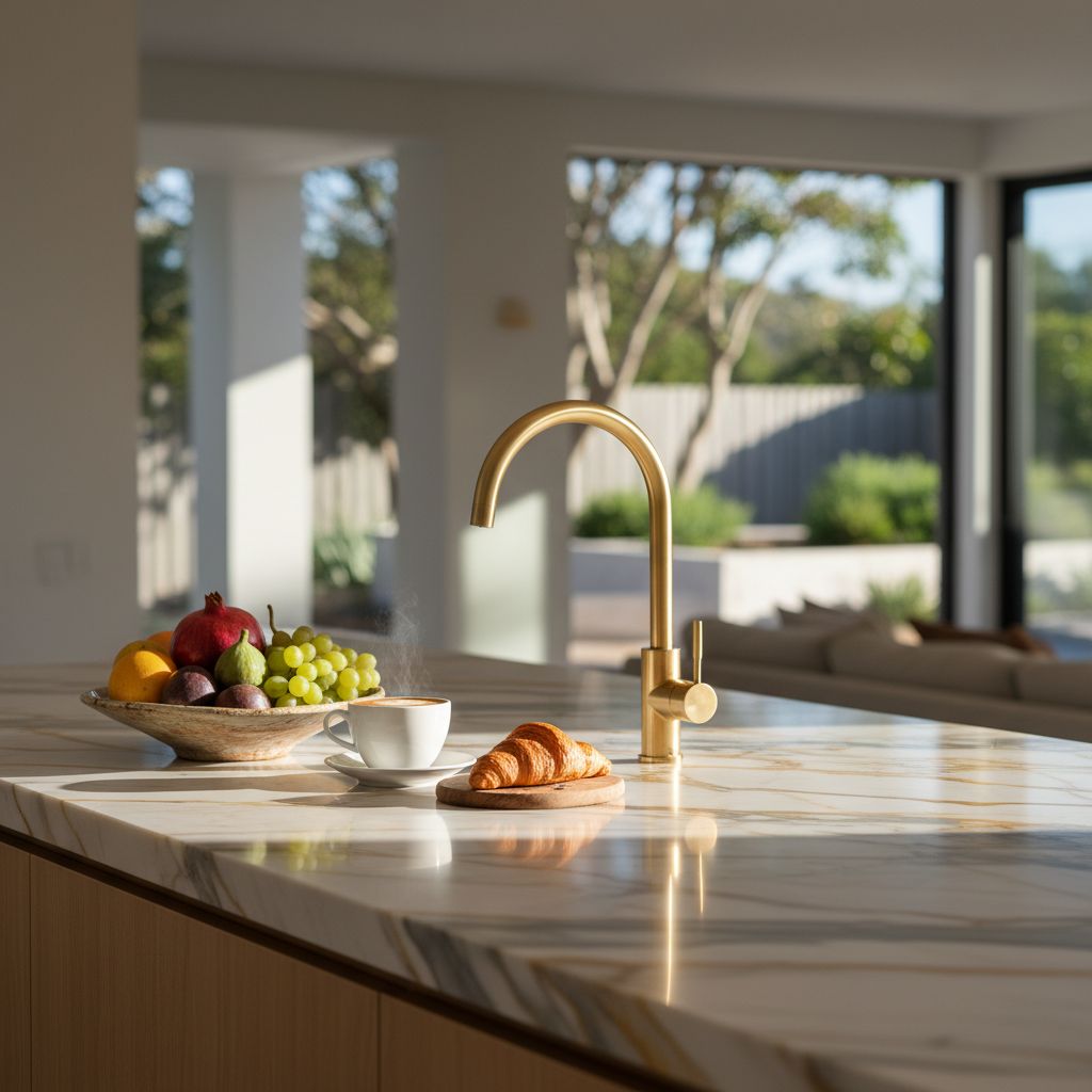 Marble benchtop with brass tap close-up