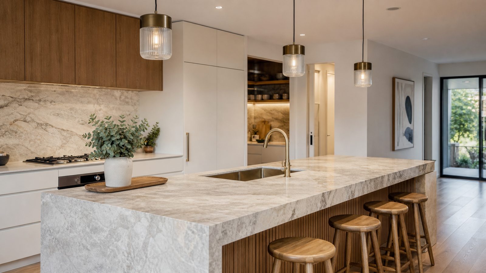 Complete kitchen renovation with stone benchtop and pendant lights